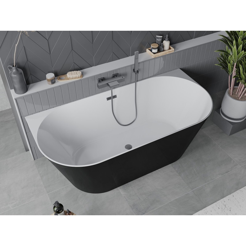 Mexen Oval Slim wanna wolnostojąca przyścienna 170 x 80 cm, biała/czarna, przelew gun gray szczotkowany - 52661708075-66