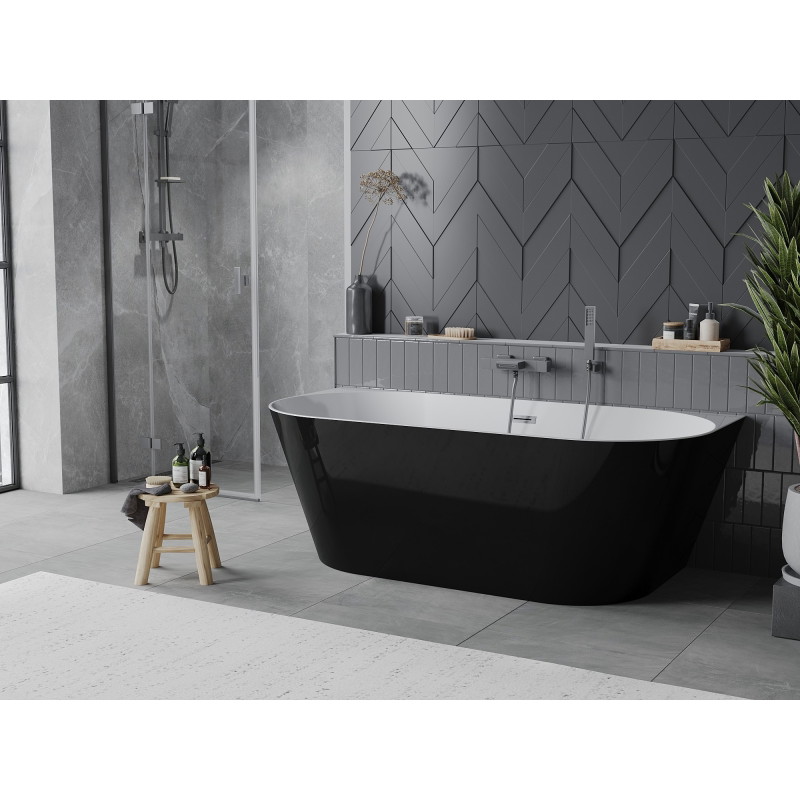 Mexen Oval Slim wanna wolnostojąca przyścienna 170 x 80 cm, biała/czarna, przelew gun gray szczotkowany - 52661708075-66