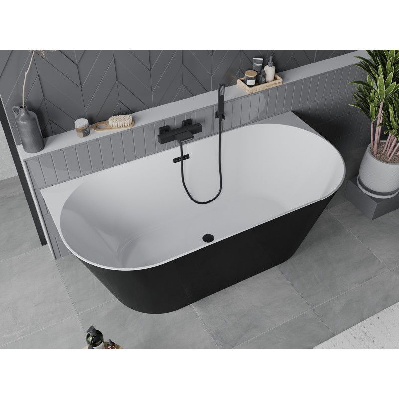 Mexen Oval Slim bañera independiente adosada 170 x 80 cm, blanca/negra, rebosadero negro - 52661708075-70