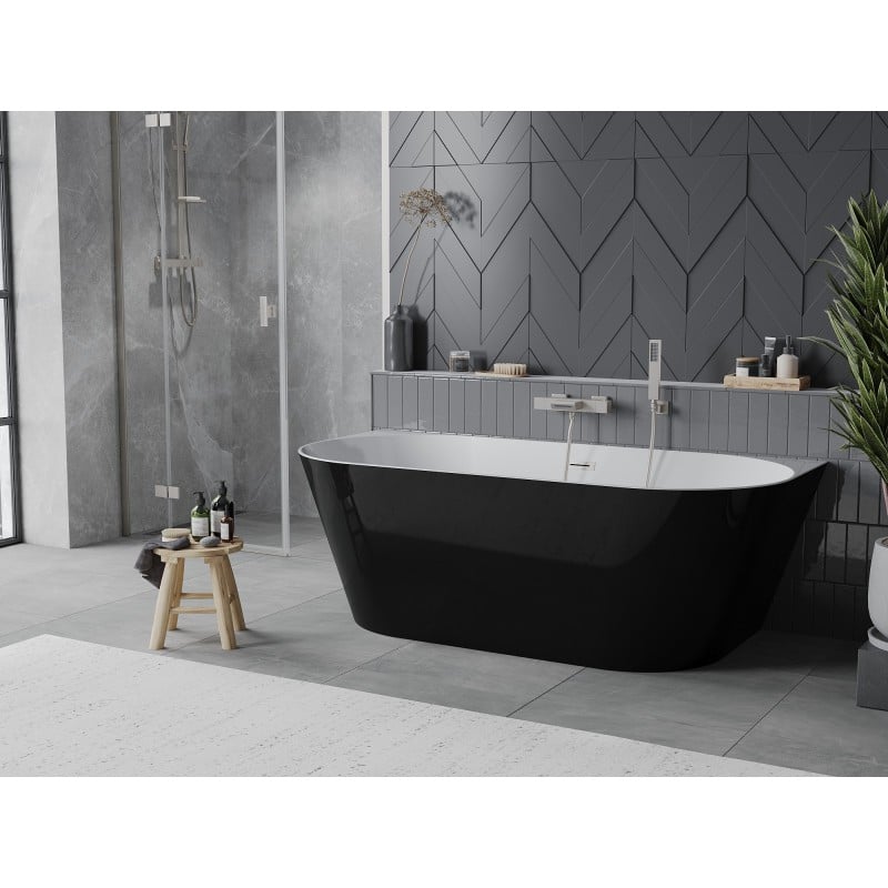 Mexen Oval Slim baignoire autoportante adossée 170 x 80 cm, blanc/noir, trop-plein nickel brossé - 52661708075-97