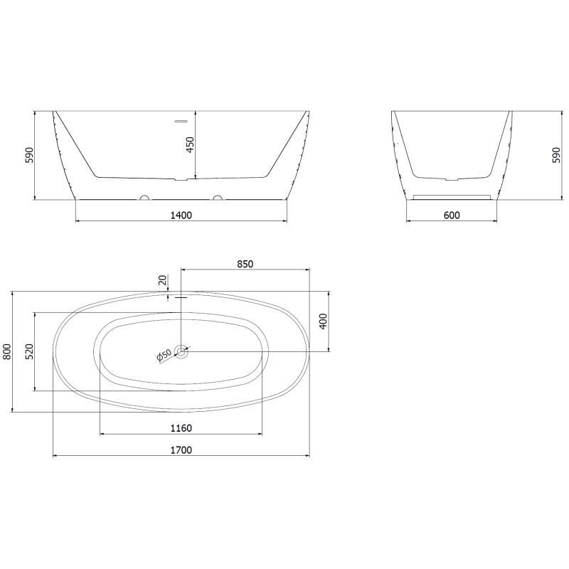 Mexen Olea freistehende Badewanne Design 170 x 80 cm, weiß, Überlauf Roségold - 52821708000-60
