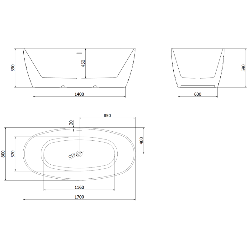 Mexen Olea vasca da bagno autoportante modello 170 x 80 cm, bianco/nero, troppopieno nero - 52821708075-70