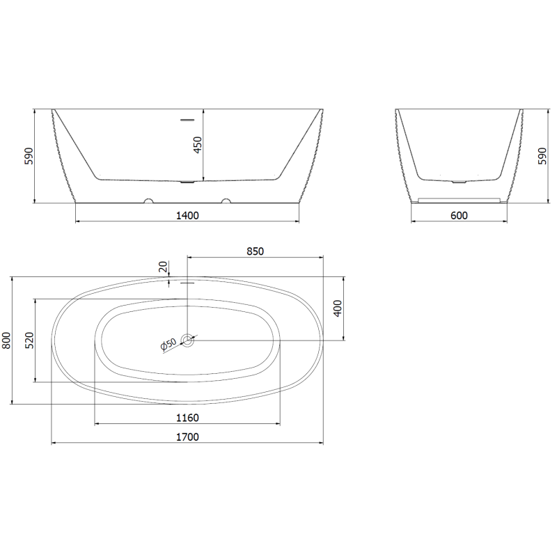Mexen Lira freistehende Badewanne Muster 170 x 80 cm, weiß, Überlauf gun gray gebürstet - 52831708000-66
