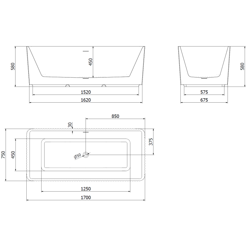 Mexen Nila vrijstaande gegroefde badkuip 170 x 75 cm, wit, overloop gun gray geborsteld - 52841708000-66