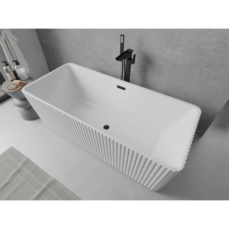 Mexen Nila freistehende geriffelte Badewanne 170 x 75 cm, weiß, schwarzer Überlauf - 52841708000-70