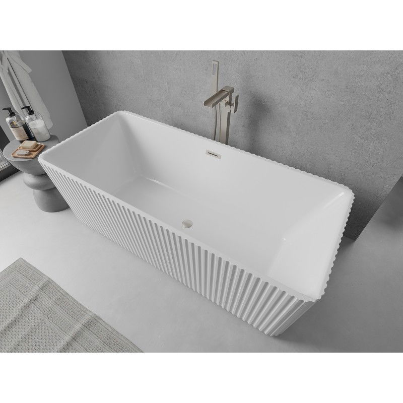 Mexen Nila freistehende geriffelte Badewanne 170 x 75 cm, weiß, Überlauf gebürstetes Nickel - 52841708000-97