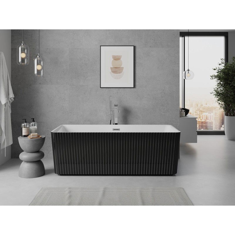 Mexen Nila freistehende geriffelte Badewanne 170 x 75 cm, weiß/schwarz, Überlauf Chrom - 52841708075-01
