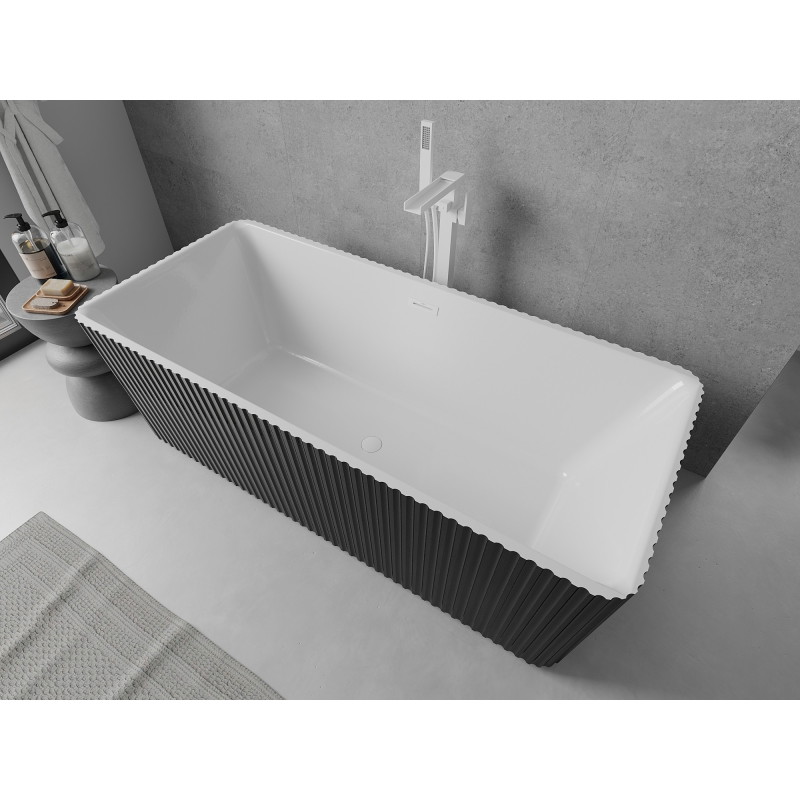 Mexen Nila wanna wolnostojąca ryflowana 170 x 75 cm, biała/czarna, przelew biały - 52841708075-20