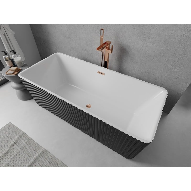 Mexen Nila freistehende geriffelte Badewanne 170 x 75 cm, weiß/schwarz, Überlauf Roségold - 52841708075-60