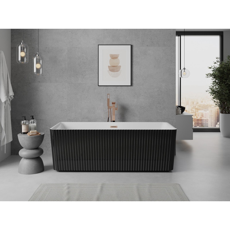 Mexen Nila wanna wolnostojąca ryflowana 170 x 75 cm, biała/czarna, przelew miedź szczotkowana - 52841708075-65