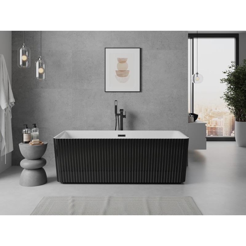 Mexen Nila wanna wolnostojąca ryflowana 170 x 75 cm, biała/czarna, przelew czarny - 52841708075-70