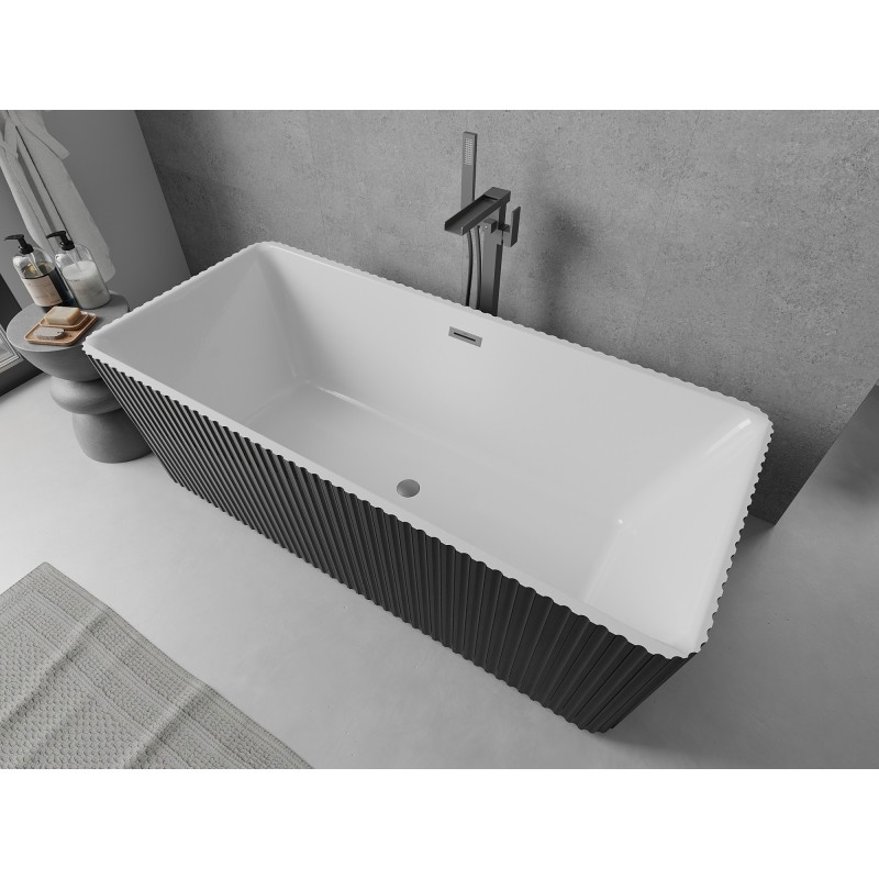 Mexen Nila wanna wolnostojąca ryflowana 170 x 75 cm, biała/czarna, przelew gun metal - 52841708075-95