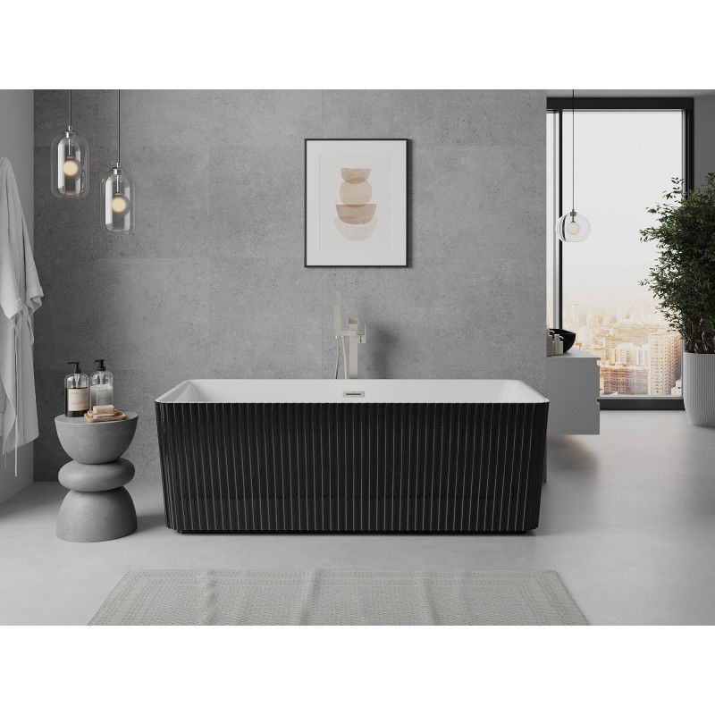 Mexen Nila freistehende geriffelte Badewanne 170 x 75 cm, weiß/schwarz, Überlauf gebürsteter Nickel - 52841708075-97