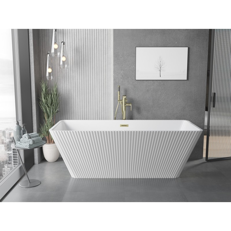 Mexen Tava wanna wolnostojąca ryflowana 170 x 75 cm, biała, przelew złoty szczotkowany - 52851707500-55