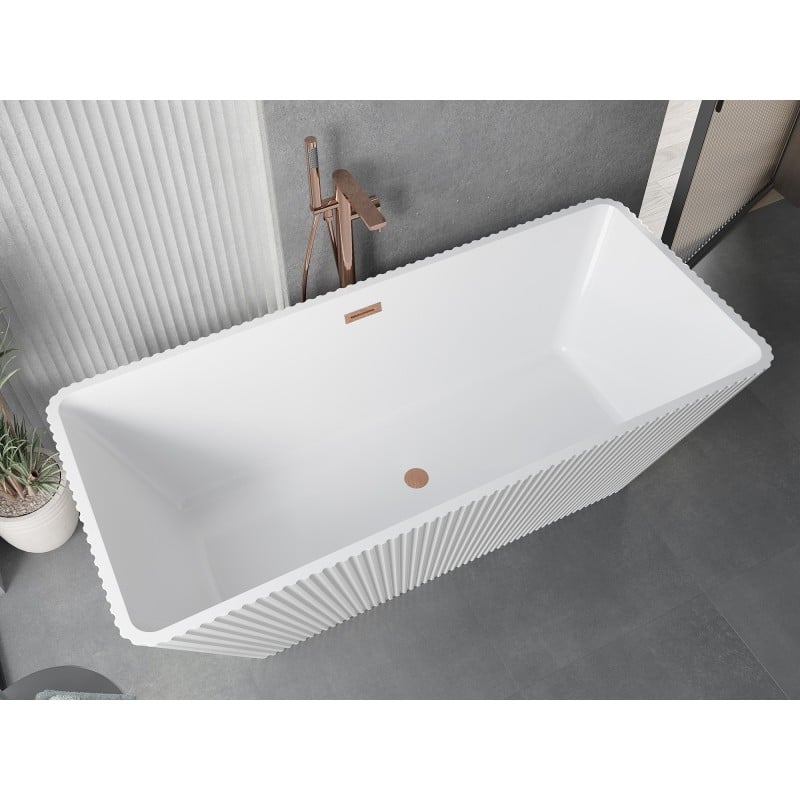 Mexen Tava wanna wolnostojąca ryflowana 170 x 75 cm, biała, przelew miedź szczotkowana - 52851707500-65
