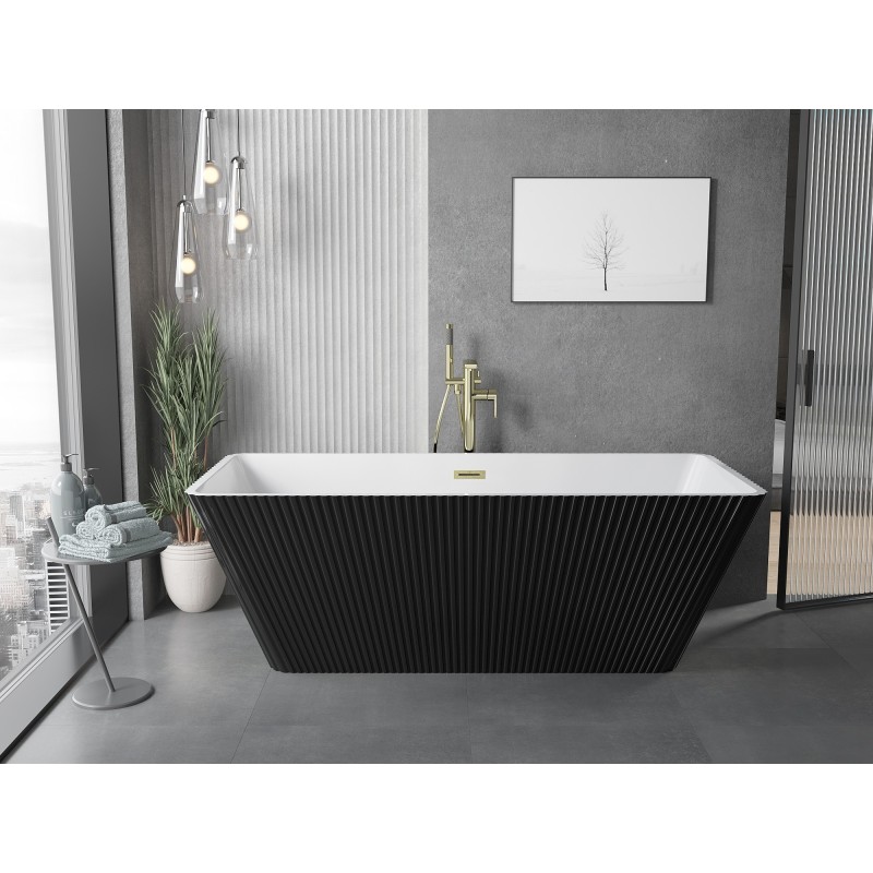 Mexen Tava wanna wolnostojąca ryflowana 170 x 75 cm, biała/czarna, przelew złoty szczotkowany - 52851707575-55