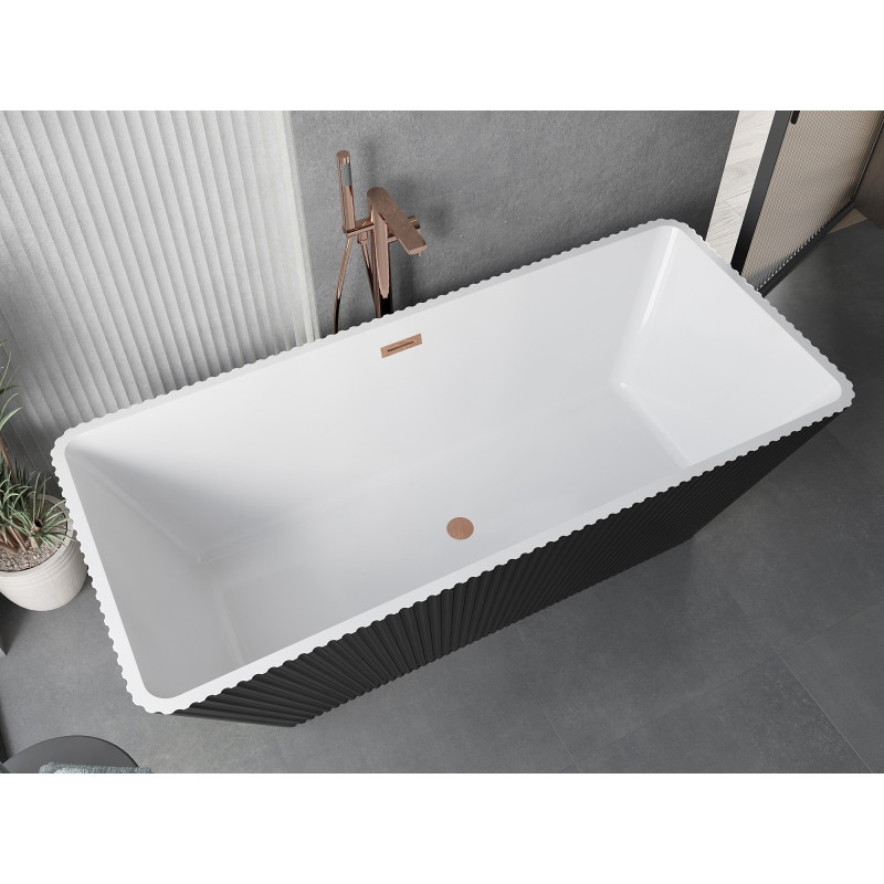 Mexen Tava wanna wolnostojąca ryflowana 170 x 75 cm, biała/czarna, przelew miedź szczotkowana - 52851707575-65