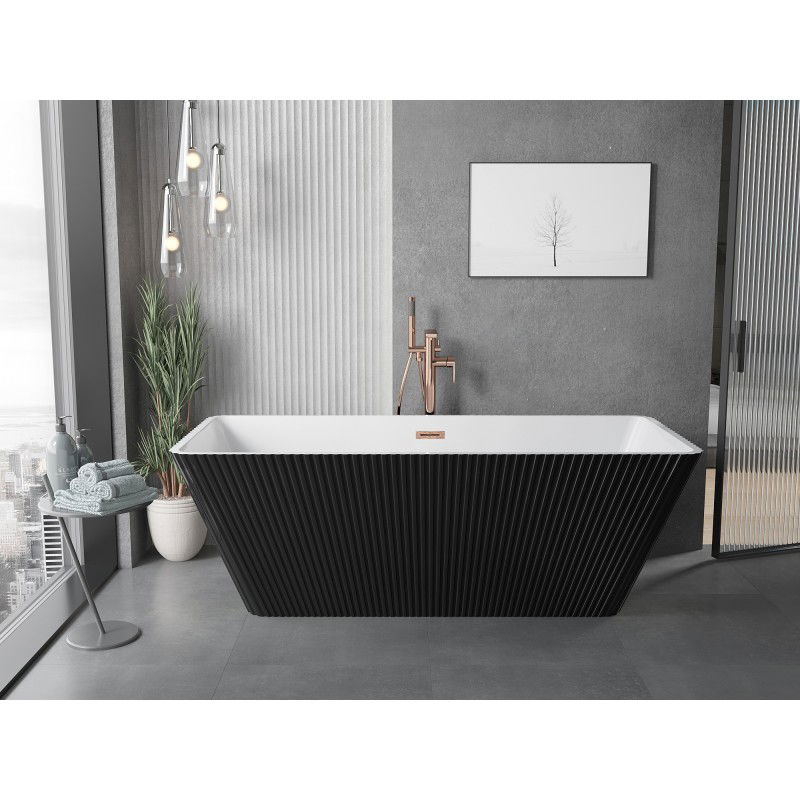 Mexen Tava freistehende Riffelbadewanne 170 x 75 cm, weiß/schwarz, Überlauf gebürstetes Kupfer - 52851707575-65
