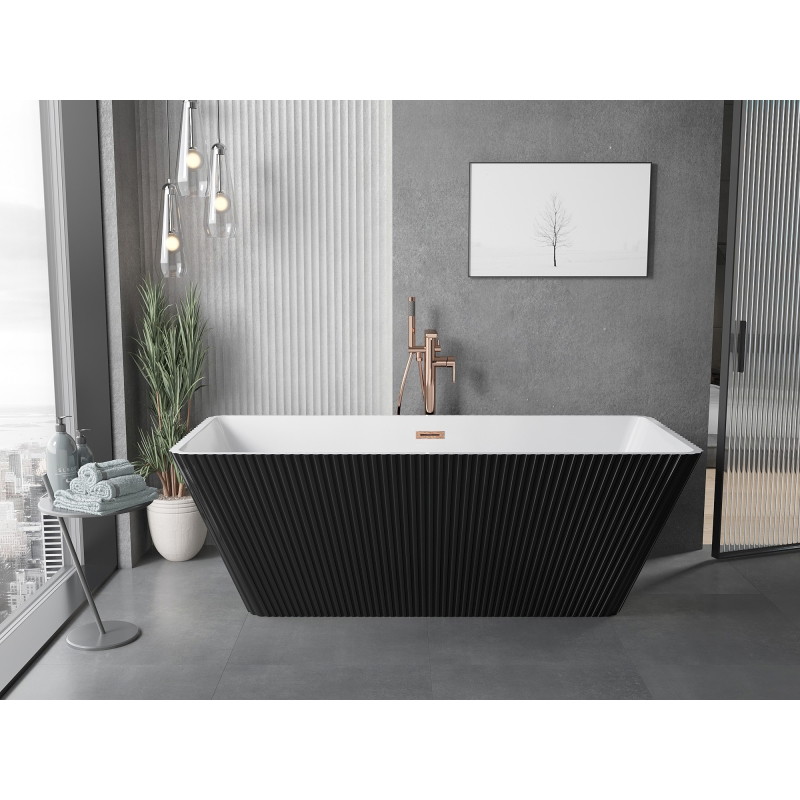 Mexen Tava wanna wolnostojąca ryflowana 170 x 75 cm, biała/czarna, przelew miedź szczotkowana - 52851707575-65