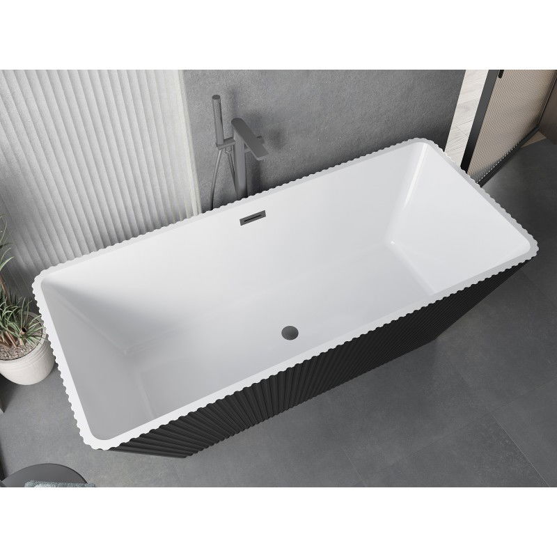 Mexen Tava freistehende gerillte Badewanne 170 x 75 cm, weiß/schwarz, Überlauf gebürstet gun gray - 52851707575-66