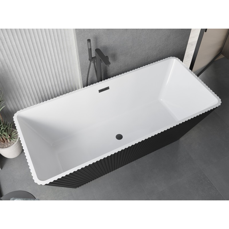 Mexen Tava wanna wolnostojąca ryflowana 170 x 75 cm, biała/czarna, przelew czarny - 52851707575-70