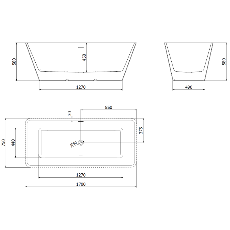 Mexen Tava vapaasti seisova uurrettu kylpyamme 170 x 75 cm, valkoinen/musta, gun metal -ylivuoto - 52851707575-95