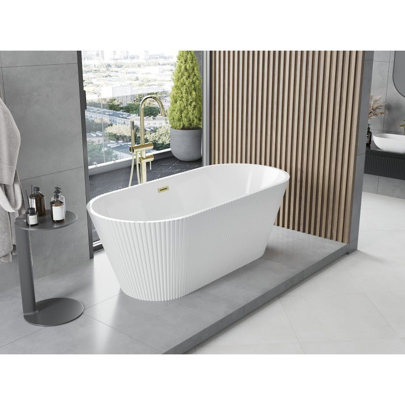 Mexen Yara vasca da bagno autoportante scanalata 170 x 75 cm, bianca, troppopieno dorato - 52861707500-50