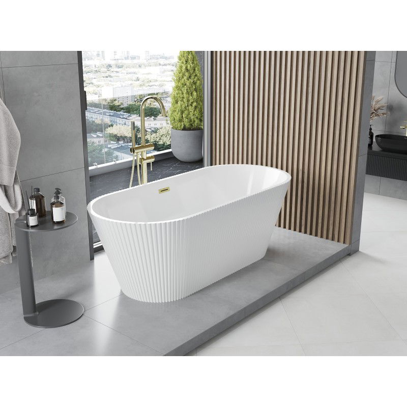 Mexen Yara bañera exenta acanalada 170 x 75 cm, blanca, rebosadero dorado cepillado - 52861707500-55