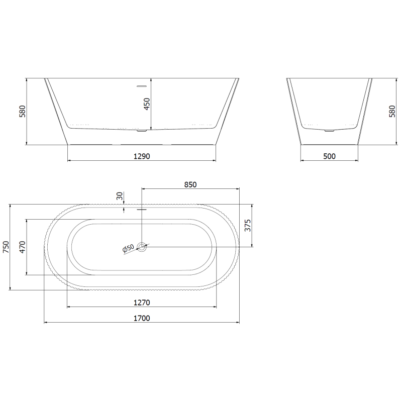 Mexen Yara vasca da bagno freestanding scanalata 170 x 75 cm, bianca, troppopieno rame spazzolato - 52861707500-65