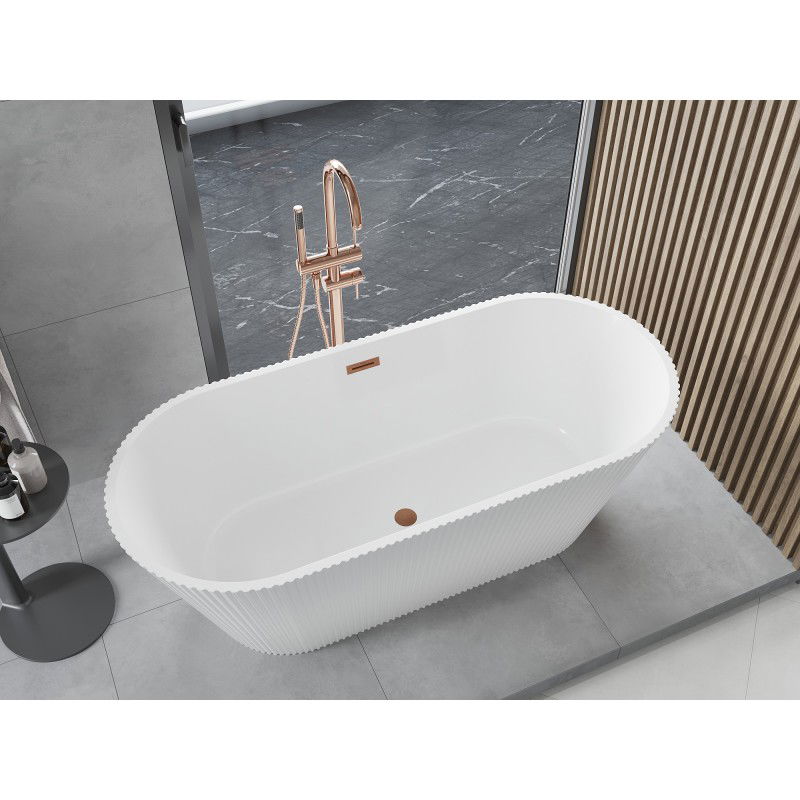 Mexen Yara vasca da bagno freestanding scanalata 170 x 75 cm, bianca, troppopieno rame spazzolato - 52861707500-65