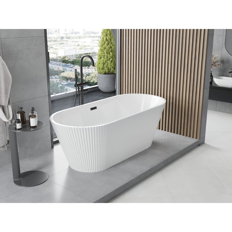 Mexen Yara vasca da bagno freestanding scanalata 170 x 75 cm, bianca, troppopieno nero - 52861707500-70
