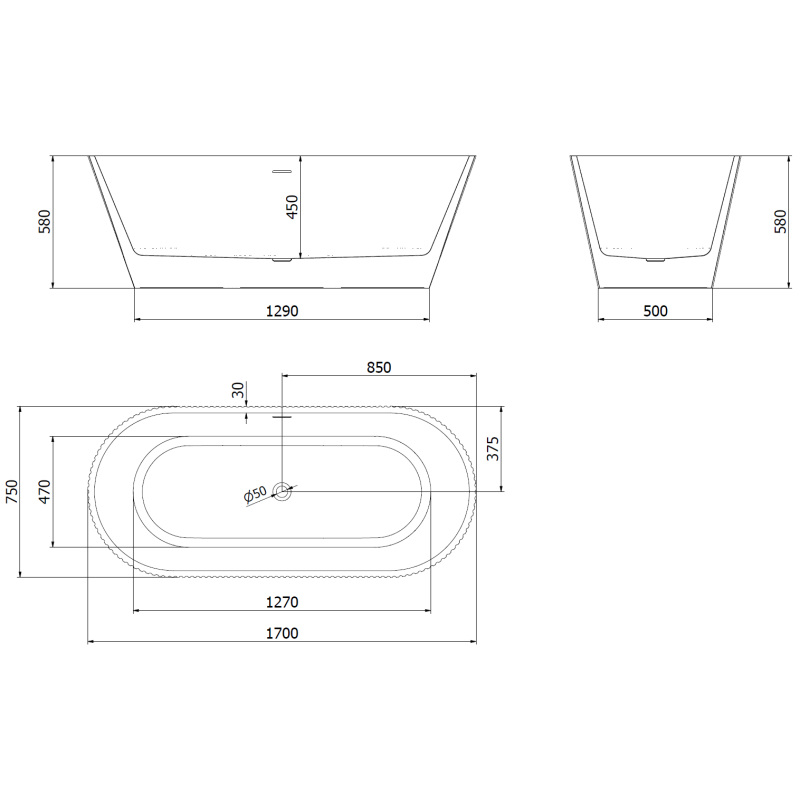 Mexen Yara vasca da bagno freestanding scanalata 170 x 75 cm, bianca, troppopieno gun metal - 52861707500-95