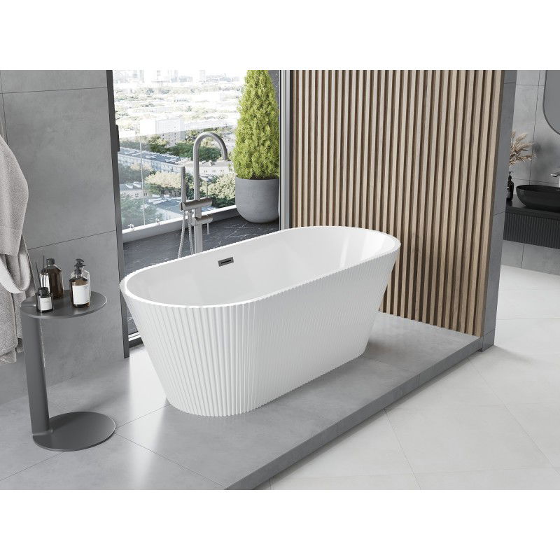 Mexen Yara freestanding fluted bath 170 x 75 cm, white, gun metal overflow - 52861707500-95