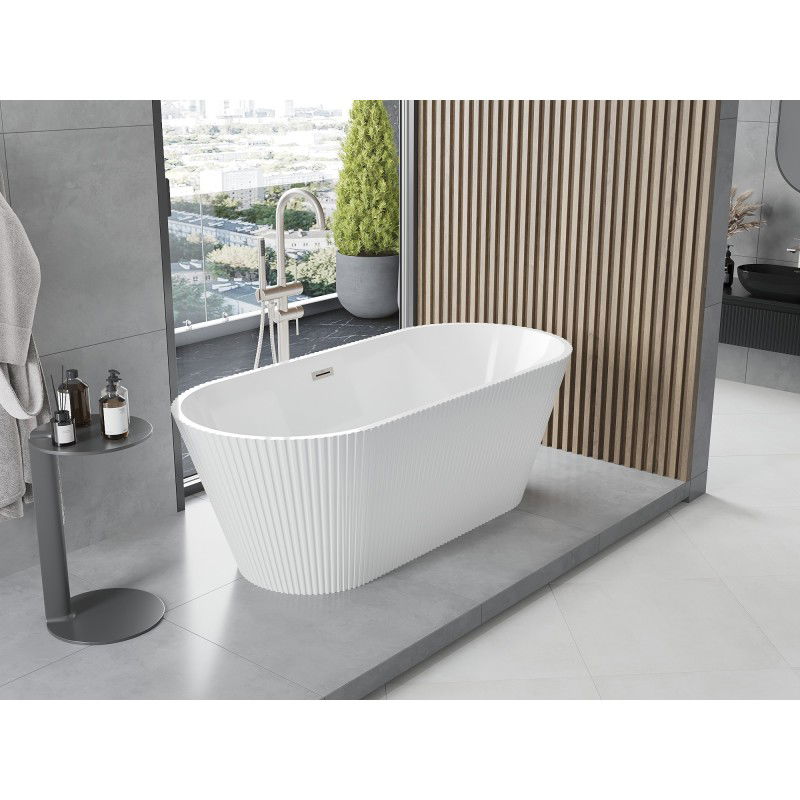 Mexen Yara vasca da bagno autoportante scanalata 170 x 75 cm, bianca, troppopieno nichel spazzolato - 52861707500-97