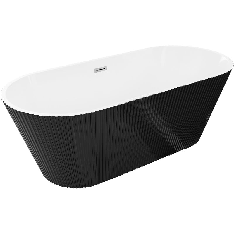 Mexen Yara freistehende, geriffelte Badewanne 170 x 75 cm, weiß/schwarz, Überlauf Chrom - 52861707575-01