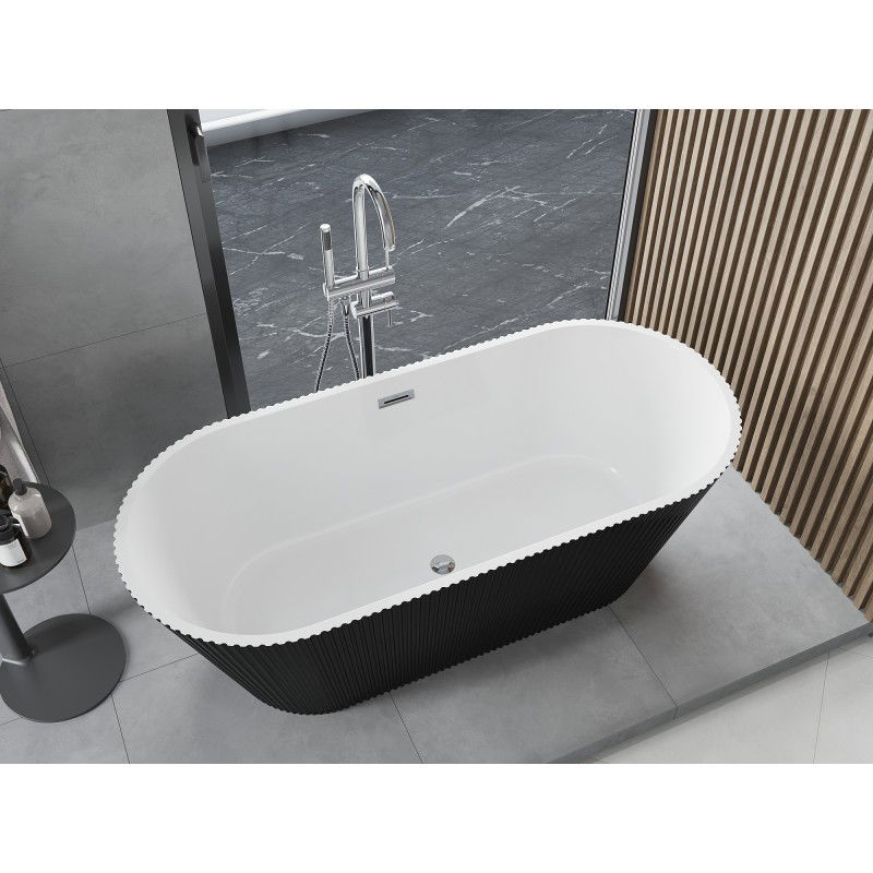 Mexen Yara freistehende geriffelte Badewanne 170 x 75 cm, weiß/schwarz, Chrom-Überlauf - 52861707575-01