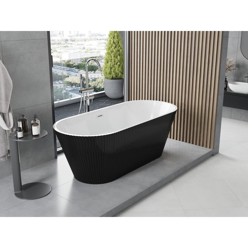 Mexen Yara vasca da bagno autoportante scanalata 170 x 75 cm, bianca/nera, troppopieno cromo - 52861707575-01