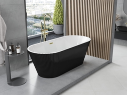 Mexen Yara freistehende, gerillte Badewanne 170 x 75 cm, weiß/schwarz, Überlauf gold gebürstet - 52861707575-55