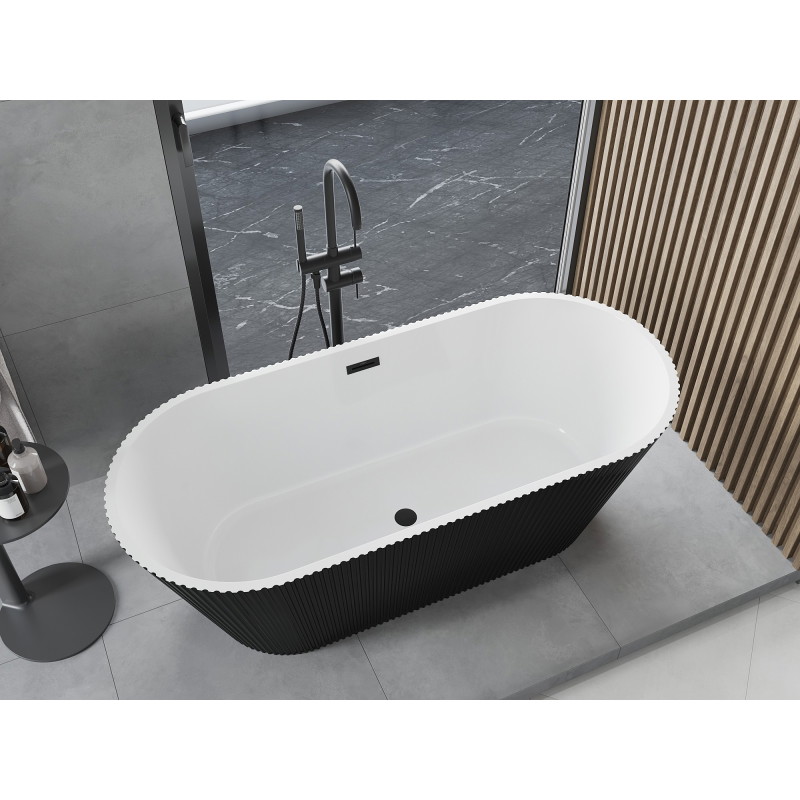 Mexen Yara wanna wolnostojąca ryflowana 170 x 75 cm, biała/czarna, przelew czarny - 52861707575-70