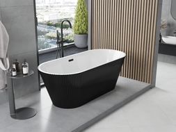 Mexen Yara freistehende Wanne gerillt 170 x 75 cm, weiß/schwarz, Überlauf schwarz - 52861707575-70