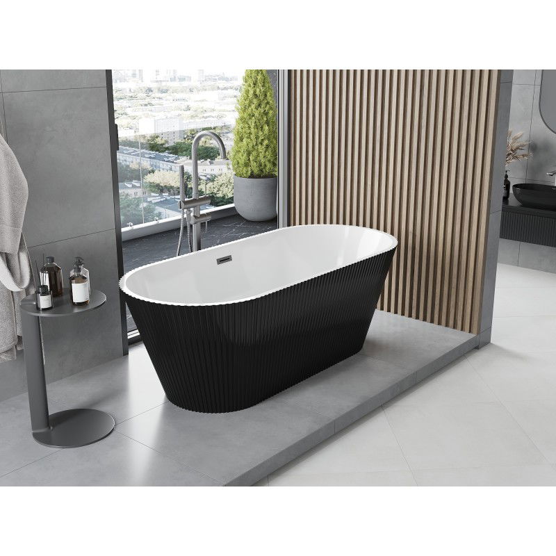 Mexen Yara freistehende gerillte Badewanne 170 x 75 cm, weiß/schwarz, Überlauf Gun Metal - 52861707575-95