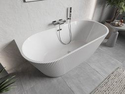 Mexen Oris freistehende, wandnahe gerillte Wanne 150 x 75 cm, weiß, Chromüberlauf - 52871507500-01