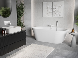 Mexen Oris freistehende wandnahe gerillte Wanne 150 x 75 cm, weiß, weißer Überlauf - 52871507500-20