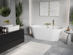 Mexen Oris freistehende wandnahe geriffelte Wanne 150 x 75 cm, weiß, Überlauf gold - 52871507500-50