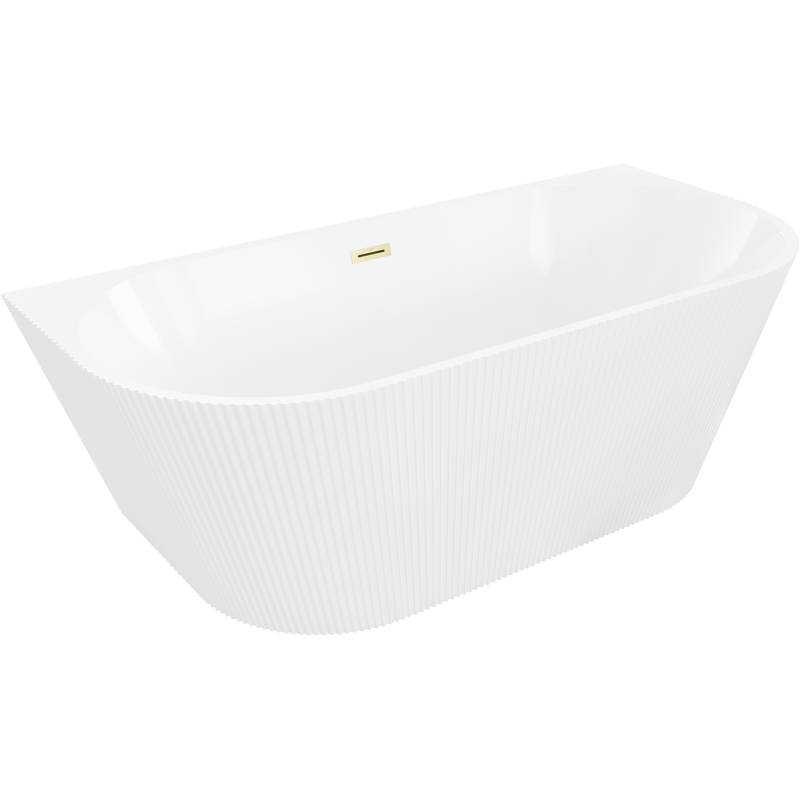 Mexen Oris bañera independiente adosada acanalada 150 x 75 cm, blanca, rebosadero dorado cepillado - 52871507500-55