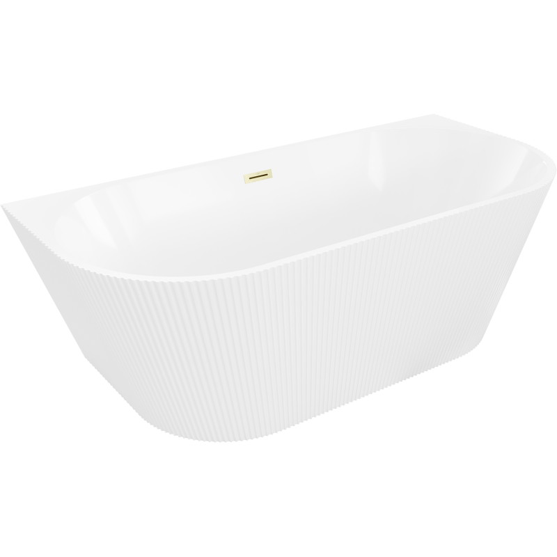 Mexen Oris vasca da bagno autoportante a parete scanalata 150 x 75 cm, bianca, troppo pieno oro spazzolato - 52871507500-55