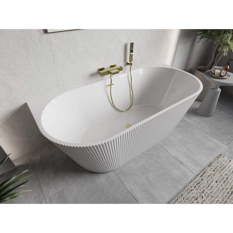 Mexen Oris bañera independiente adosada acanalada 150 x 75 cm, blanca, rebosadero dorado cepillado - 52871507500-55