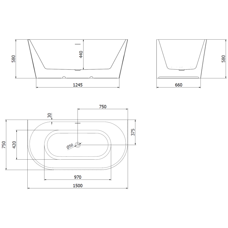 Mexen Oris baignoire autoportante contre le mur rainurée 150 x 75 cm, blanche, trop-plein or rose - 52871507500-60