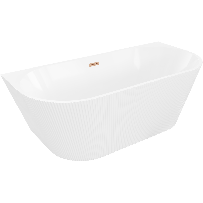 Mexen Oris freistehende wandnahe gerillte Wanne 150 x 75 cm, weiß, Überlauf gebürstetes Kupfer - 52871507500-65