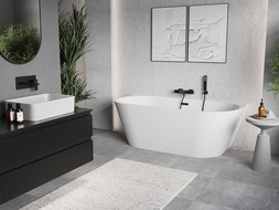 Mexen Oris freistehende Wandbadewanne geriffelt 150 x 75 cm, weiß, Überlauf schwarz - 52871507500-70